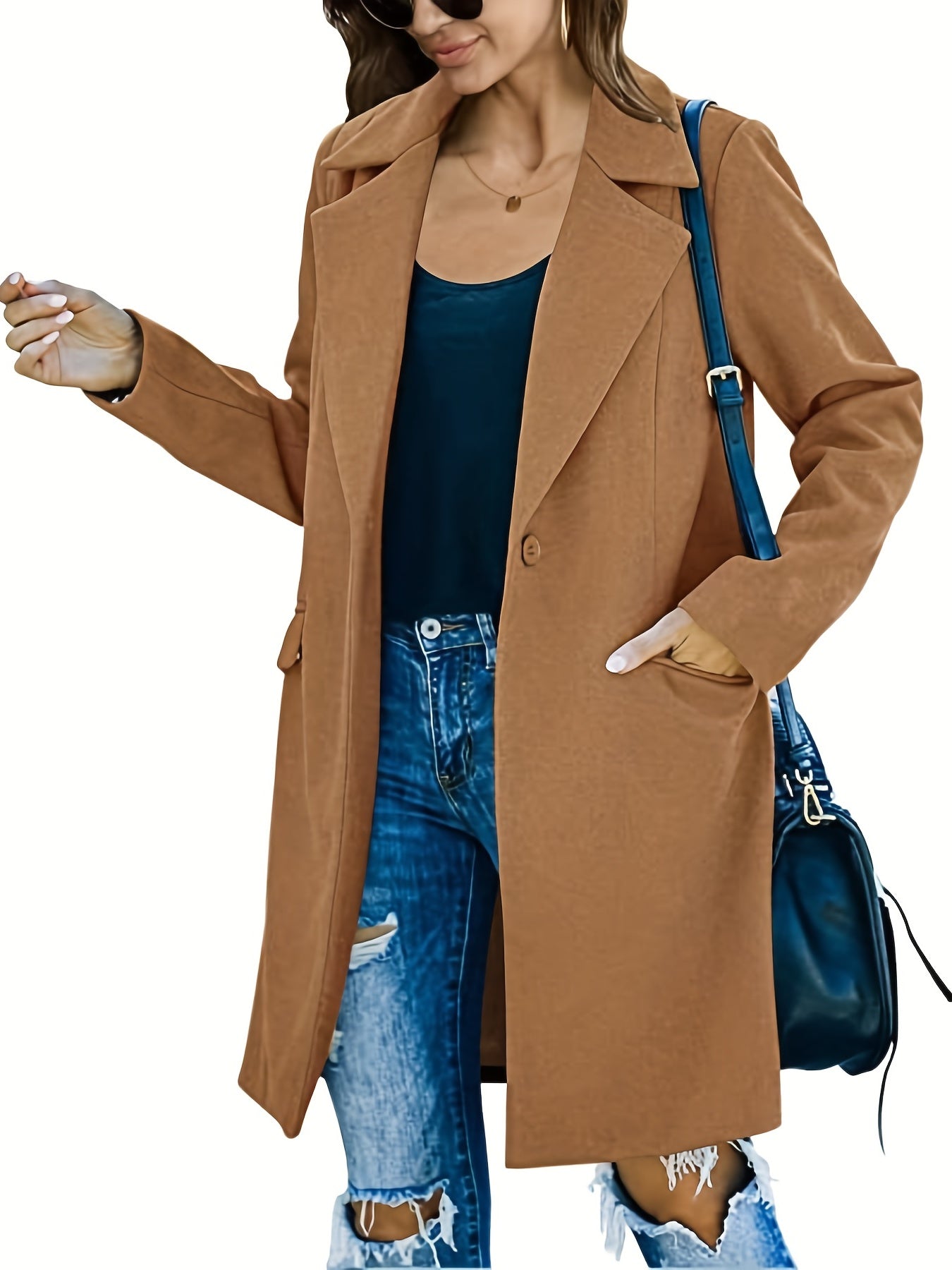 Solid Lapel Mid Length Coat Long Sleeve