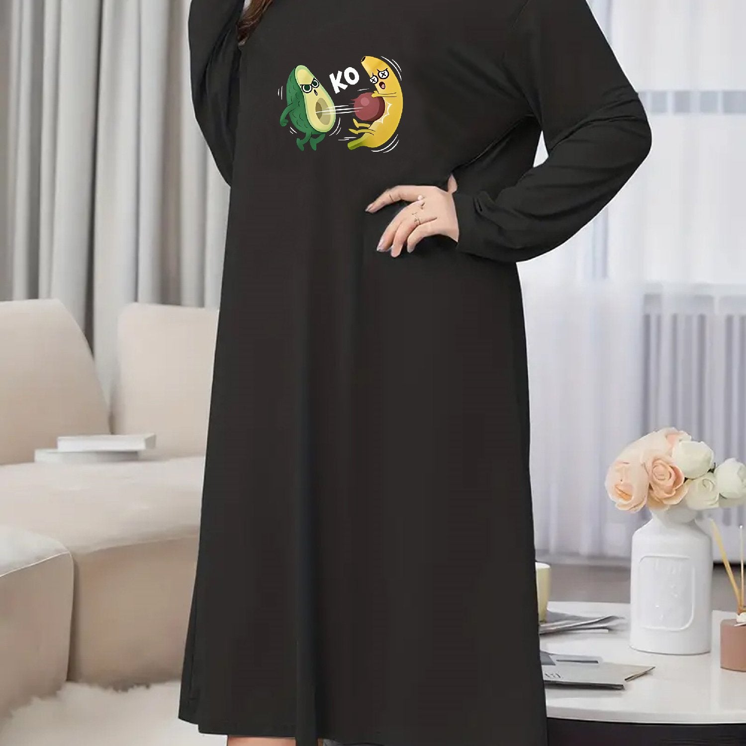  Avocado & Banana Print Long Sleeve Nightdress
