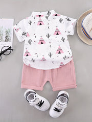 2pcs Baby Boys Cactus Print Short Sleeve Shirt & Shorts Set
