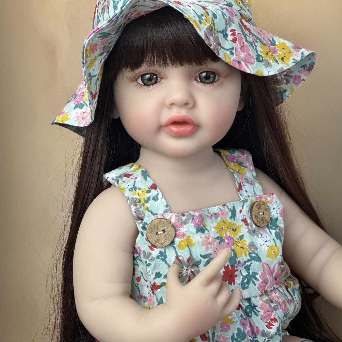 Realistic Reborn Baby Girl Doll Long Hair Floral Dress & Hat