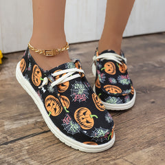 Women's Pumpkin Print Canvas Lace Up Sneakers Lightweight Outdoor Shoes