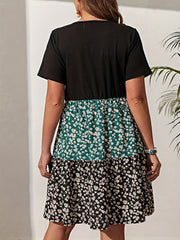  Colorblock Ditsy Floral Print Smock Dress