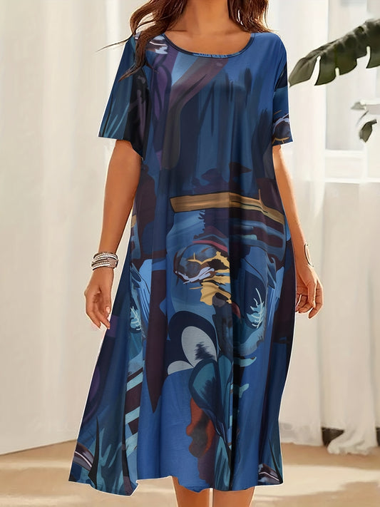  Painting Print Short Sleeve Midi Dress