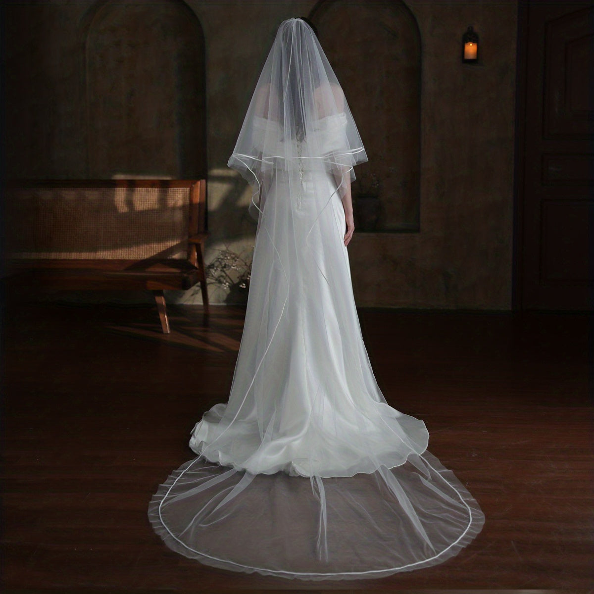 Double Layer Bridal Head Veil with Comb and Satin Edge