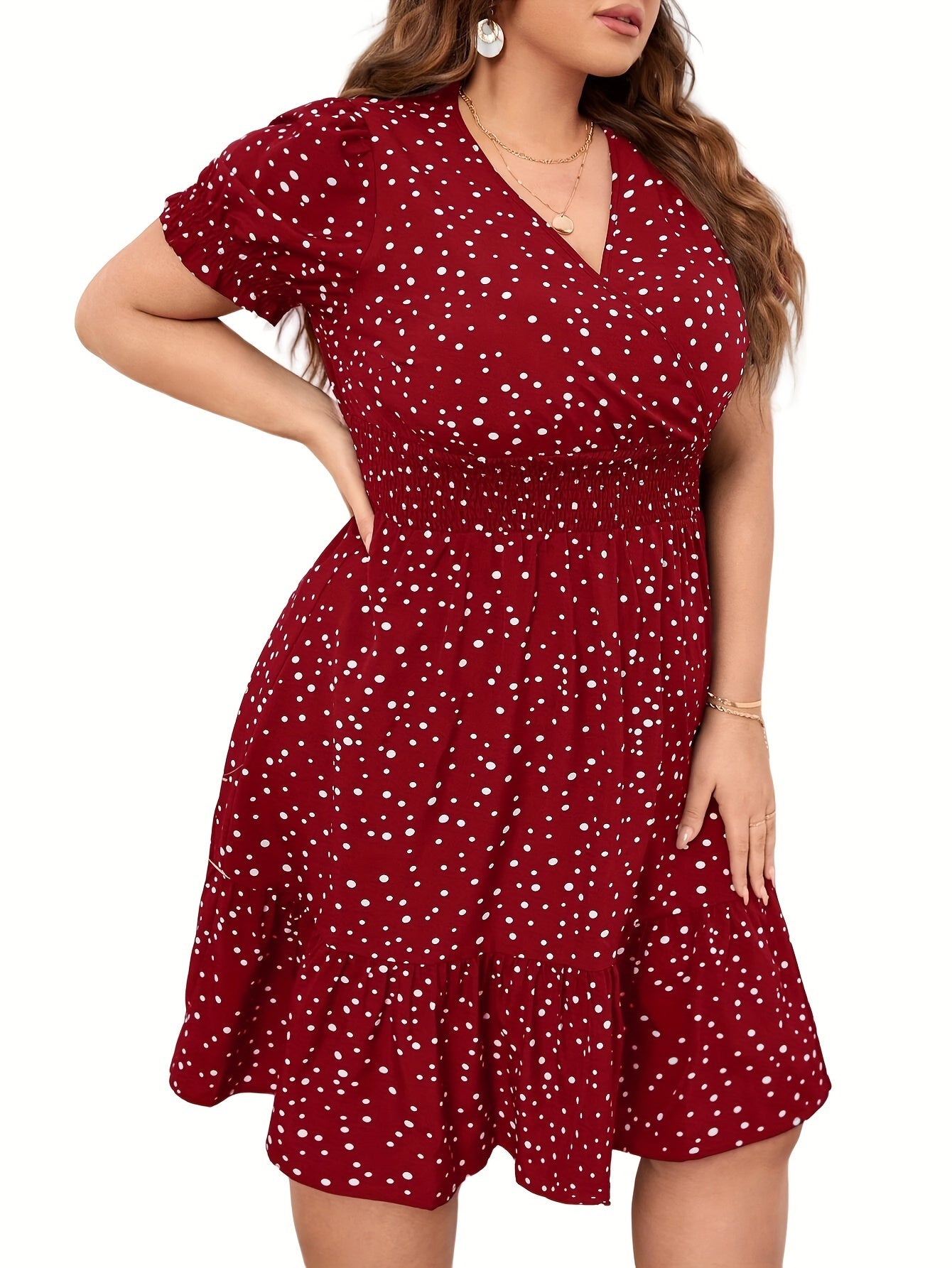  Dot Print Puff Sleeve V Neck Knee Length Dress
