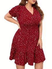  Dot Print Puff Sleeve V Neck Knee Length Dress