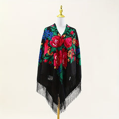 Boho Tassel Shawl Classic Flower Print Square Scarf Vintage Wraps for Women