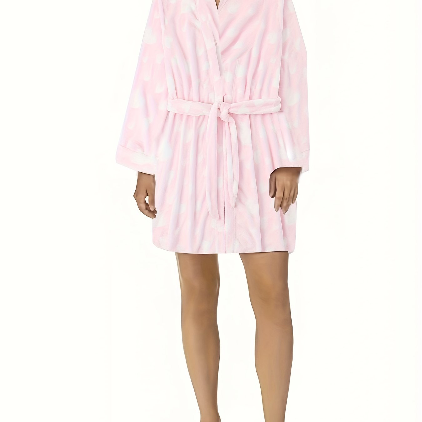  Heart Pattern Flannel Bathrobe Women's Long Sleeve Belted Nightgown