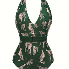  Leopard Print V Neck One Piece Bathing Suit