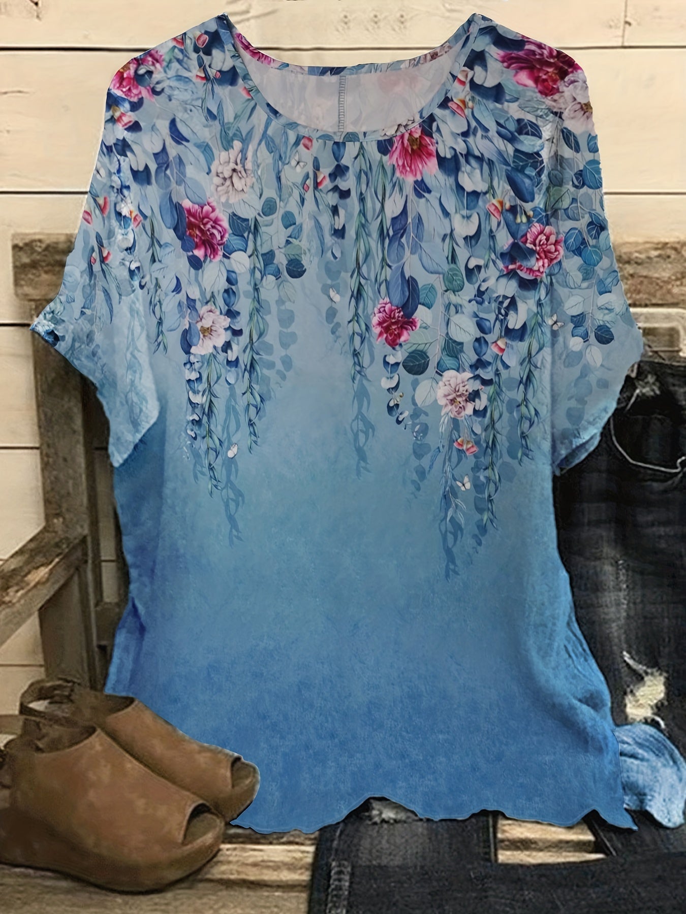  Floral Print Short Sleeve Round Neck Top