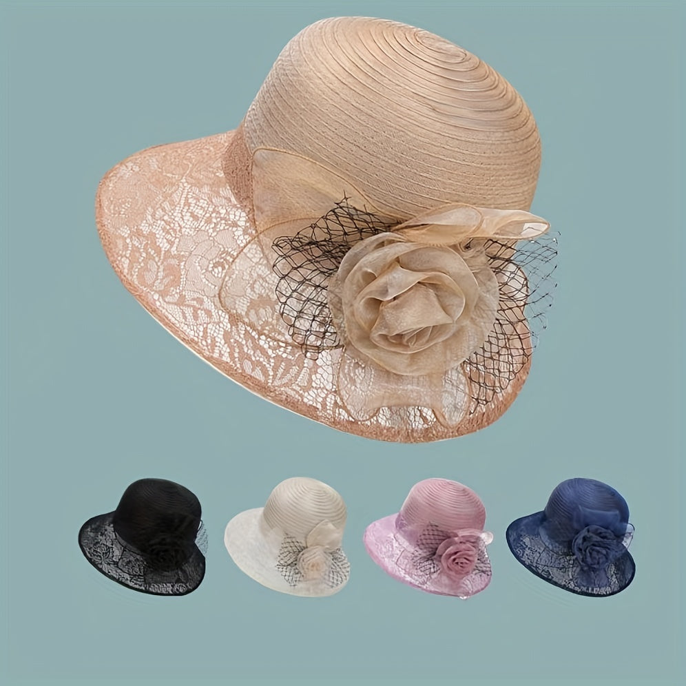 Breathable Organza Sun Hat with Flower Decor Mesh Bucket Hats