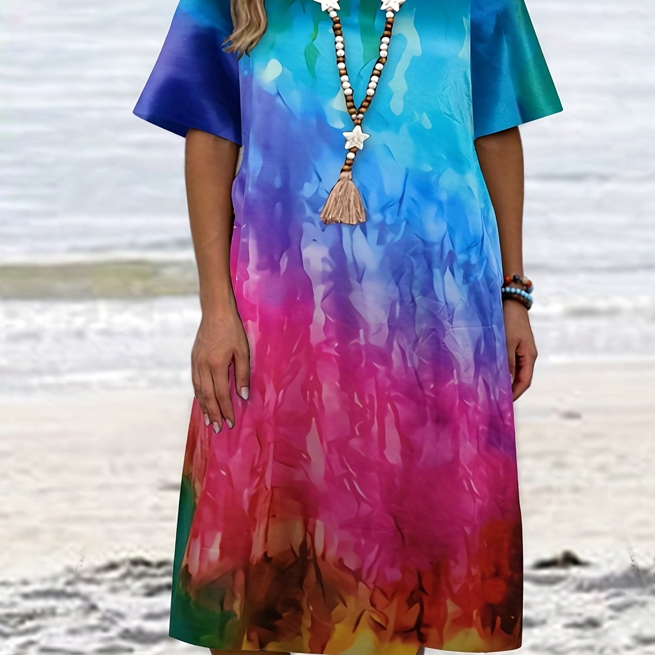  Colorblock Ombre Print Tee Dress