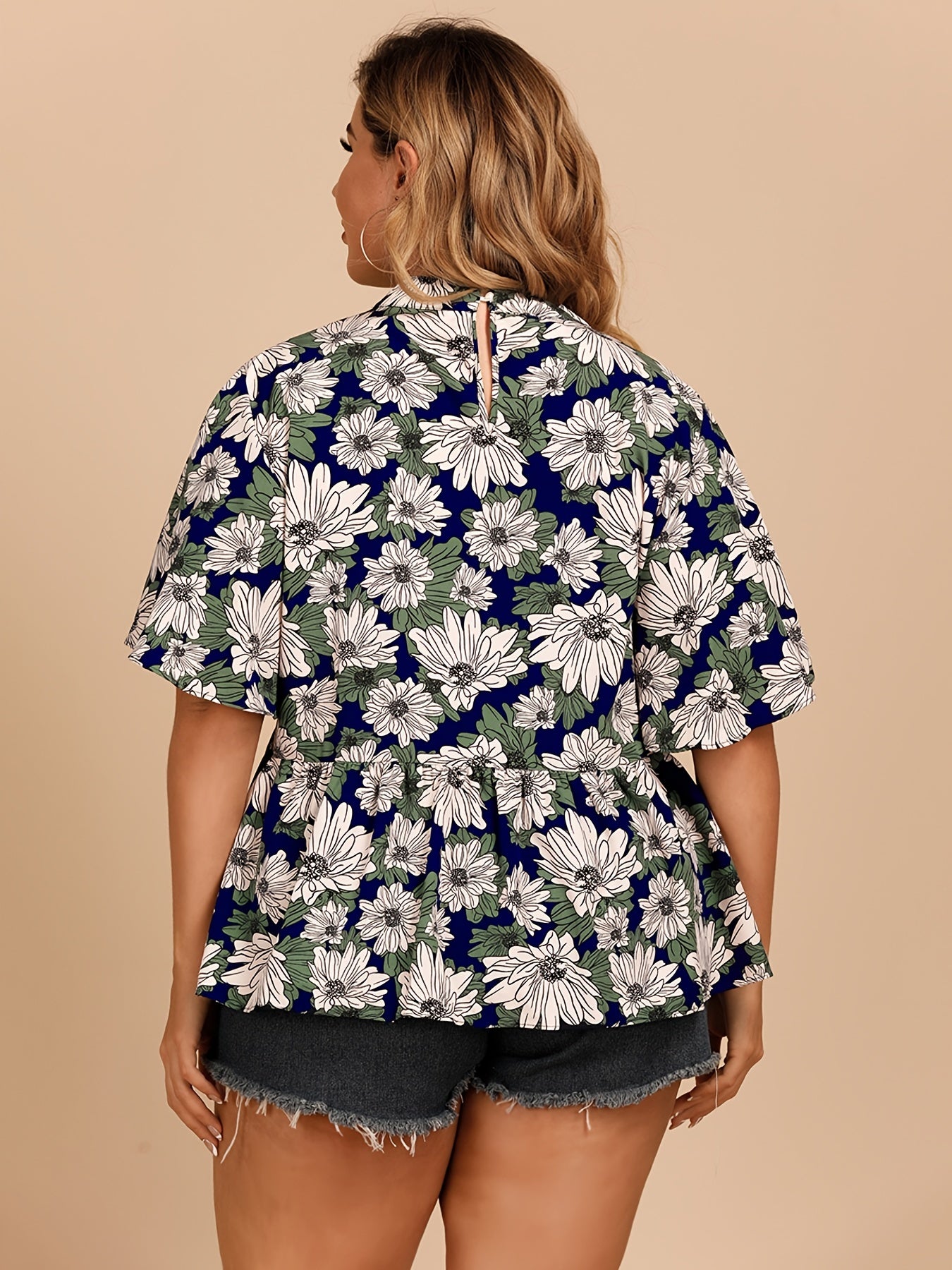 Floral Print Halter Neck Short Sleeve Blouse Plus Size