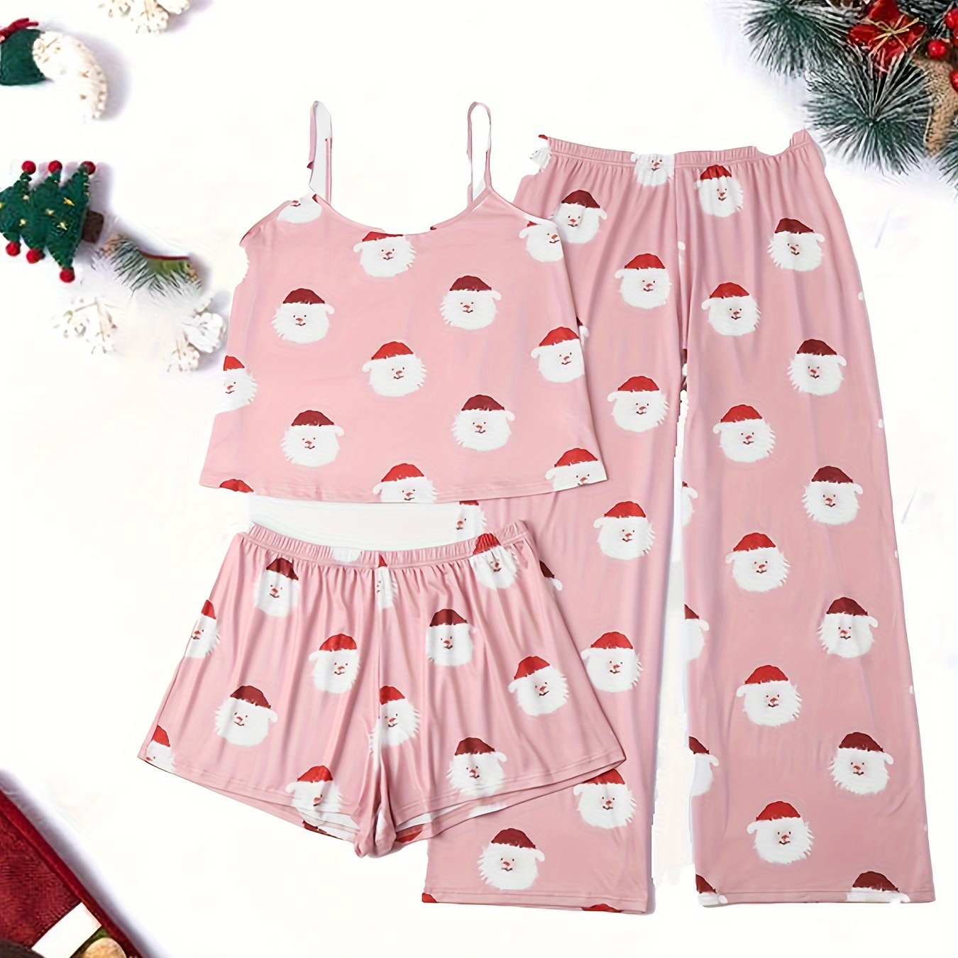 Santa Claus Print Pajama Set with Cami Top & Shorts & Pants