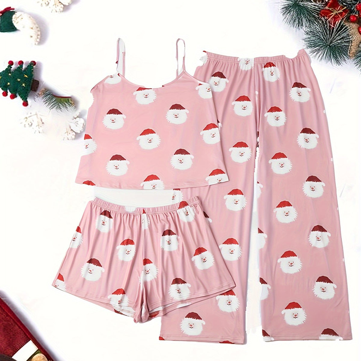  Santa Claus Print Pajama Set with Cami Top & Shorts & Pants