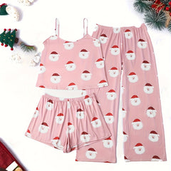  Santa Claus Print Pajama Set with Cami Top & Shorts & Pants