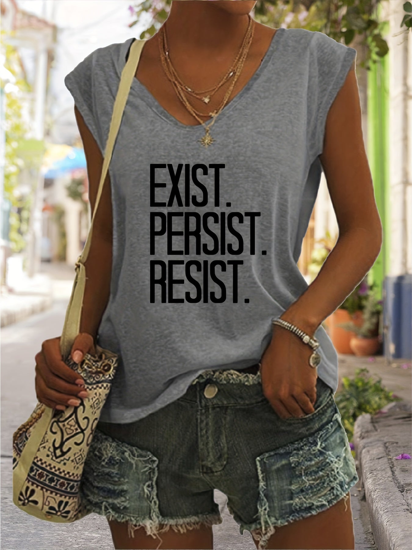 Letter Print V Neck Tank Top Casual Sleeveless