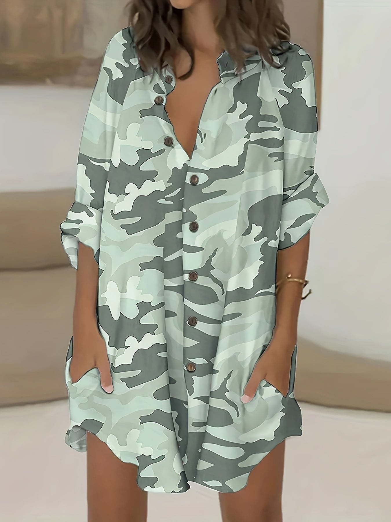  Camo Long Sleeve Button Up Tunic Shirt Top