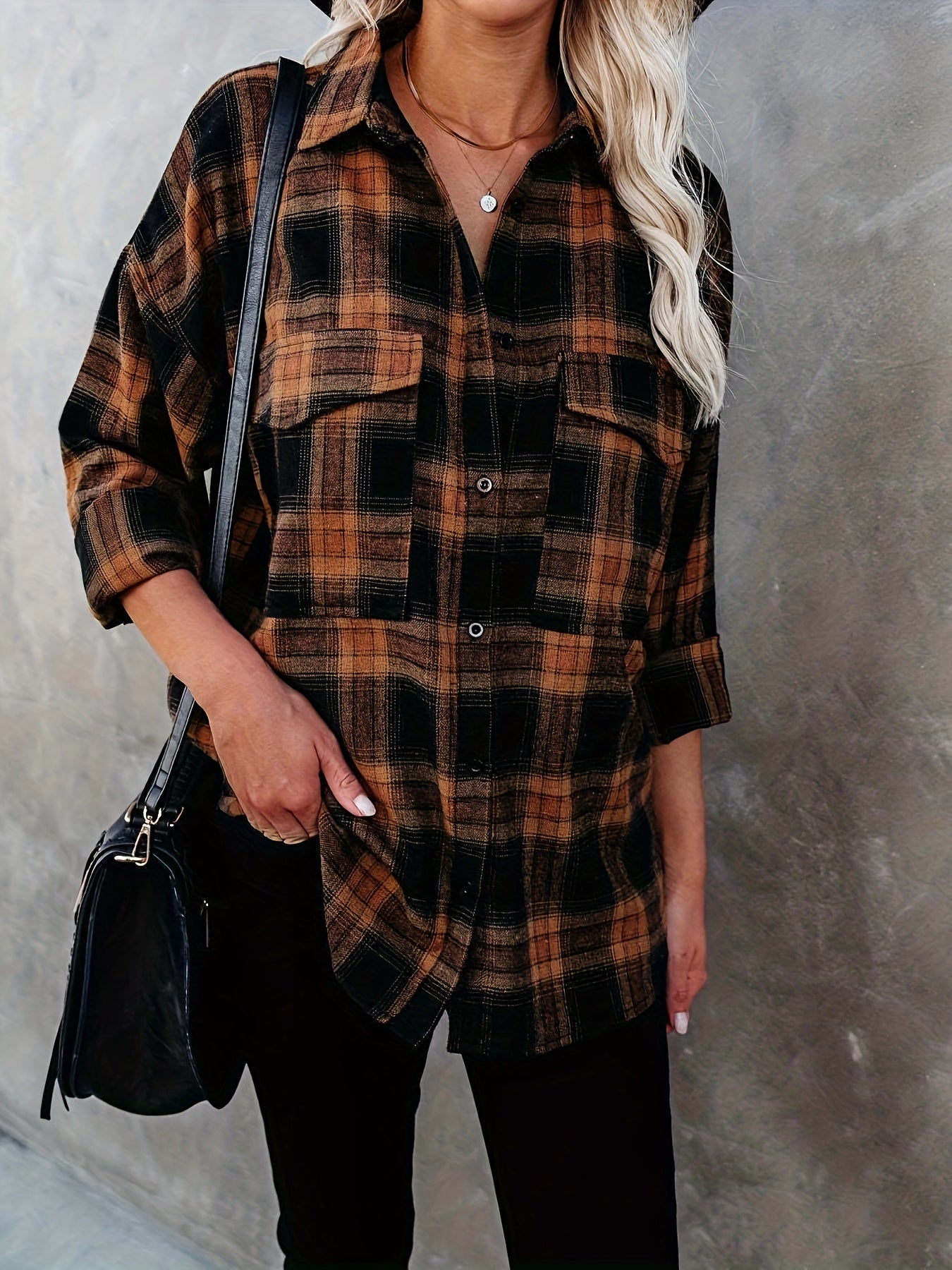  Plaid Print Long Sleeve Button Up Tunic Shirt Top