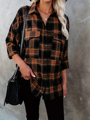  Plaid Print Long Sleeve Button Up Tunic Shirt Top