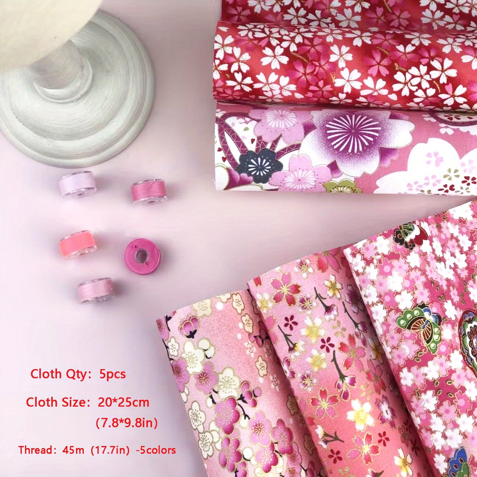 5pc Washi Bronzing Cotton Fabric Bundle, 5 Thread Bobbins, PreCut Fat Squares
