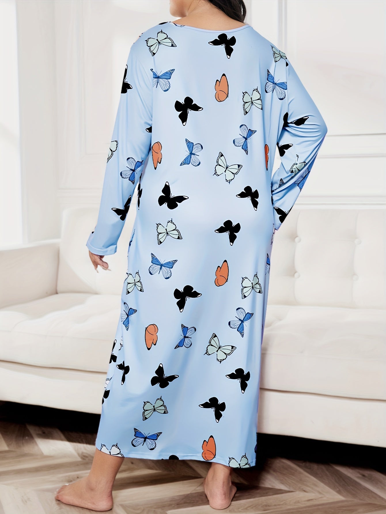 Casual Nightdress Women's Plus Butterfly Print Long Sleeve Tee