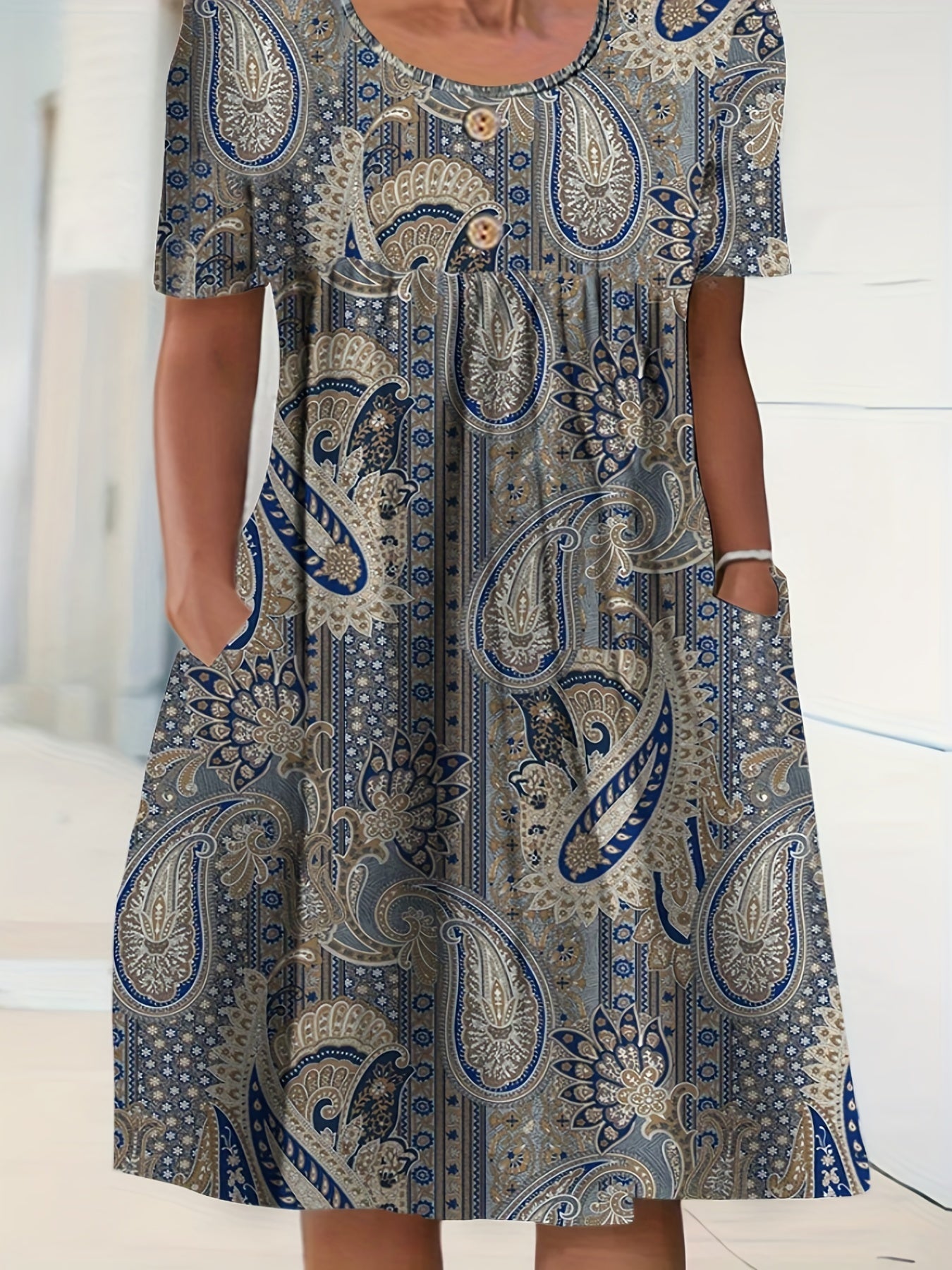  Boho Dress Women's Plus Paisley Print Short Sleeve Round Neck Dress