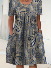  Boho Dress Women's Plus Paisley Print Short Sleeve Round Neck Dress