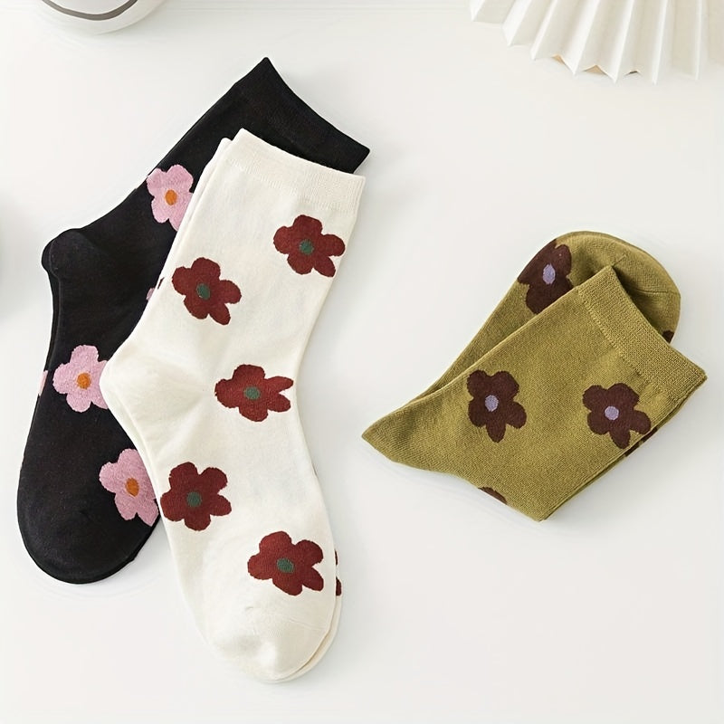 3 Pairs Floral Print Socks Comfy & Breathable Women's Mid Tube Stockings