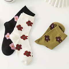 3 Pairs Floral Print Socks Comfy & Breathable Women's Mid Tube Stockings