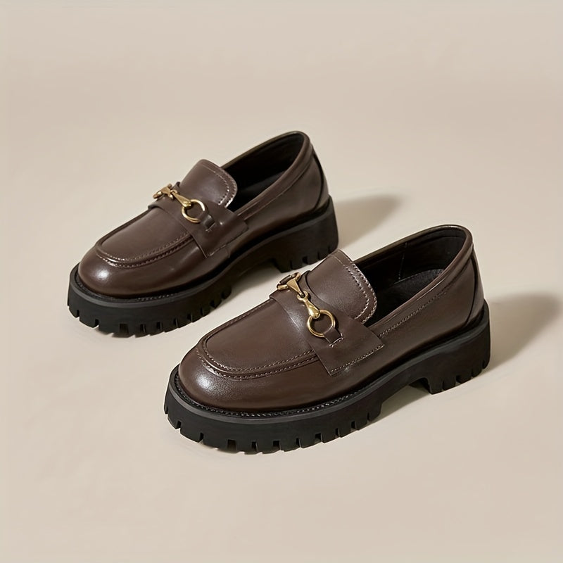 Women's Metal Decor Loafers Slip On Chunky Heel Shoes