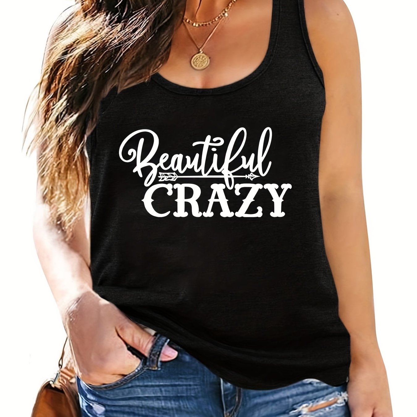  Slogan Print Tank Top Round Neck Medium Stretch