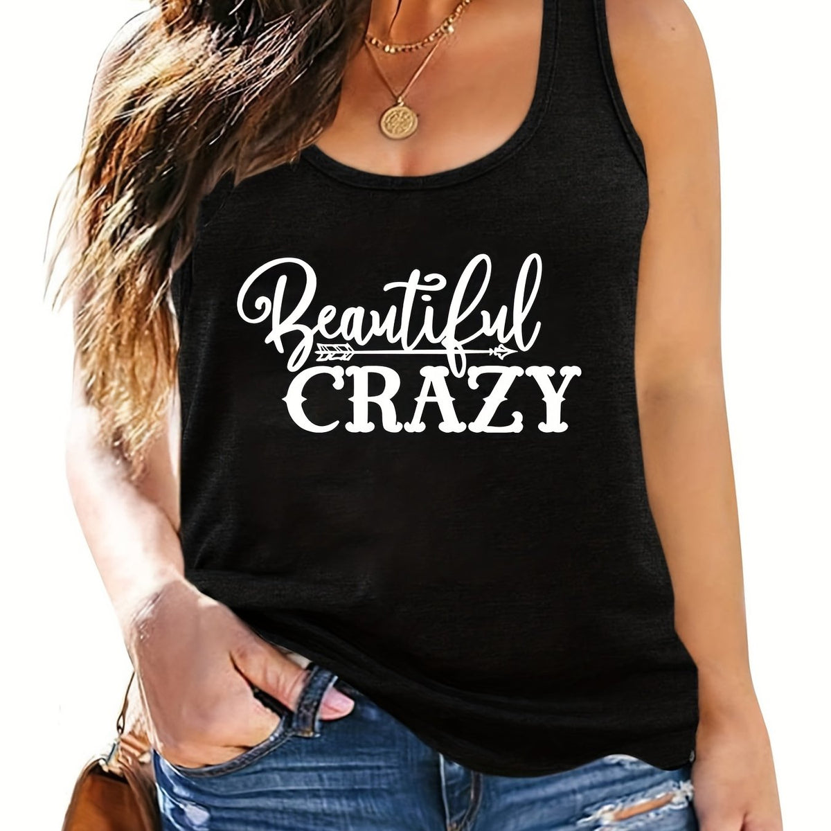  Slogan Print Tank Top Round Neck Medium Stretch