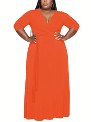 Women's Plus Solid Half Sleeve Maxi Dress With Belt