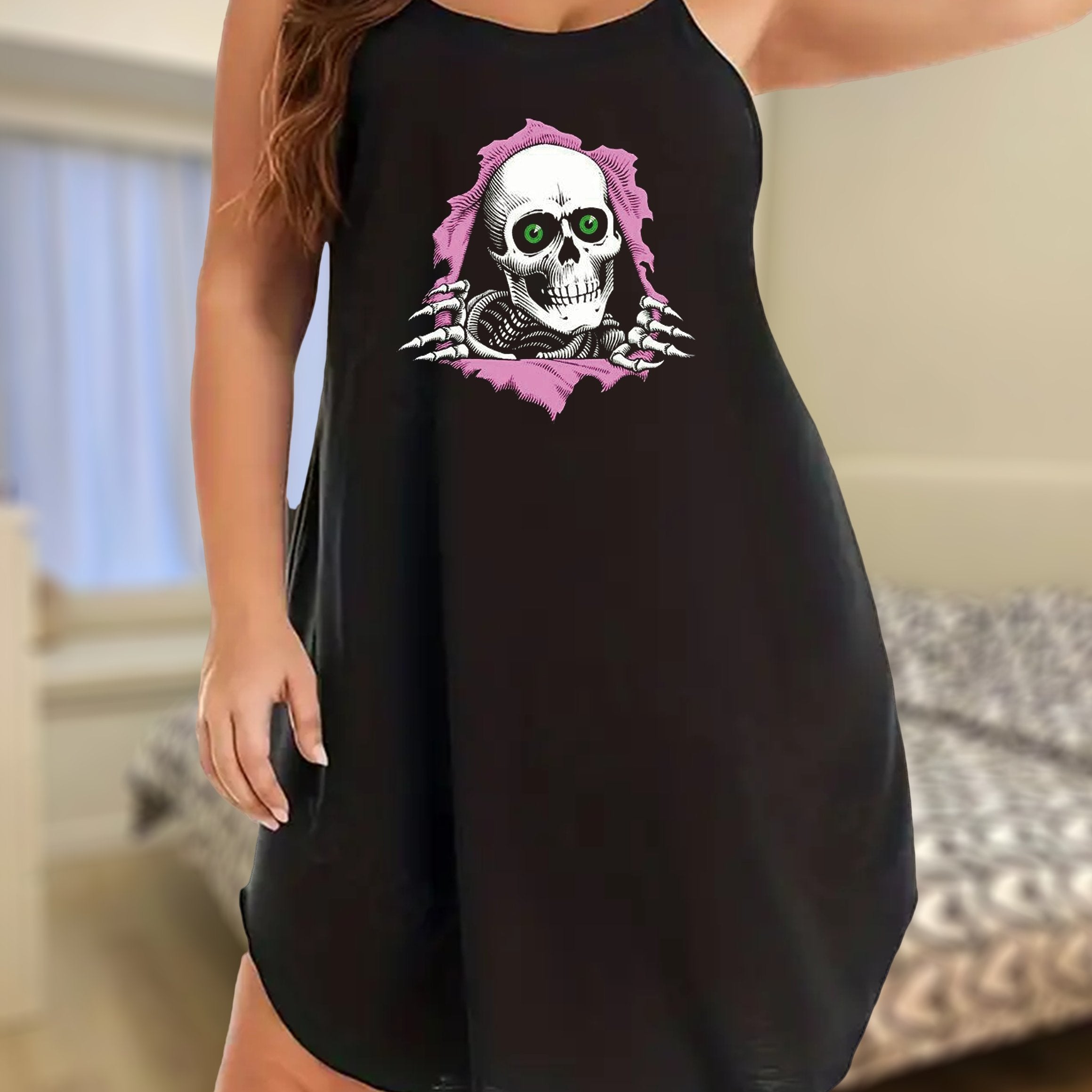  Gothic Nightdress Women's 3D Skull Print Round Neck Sleep Dress