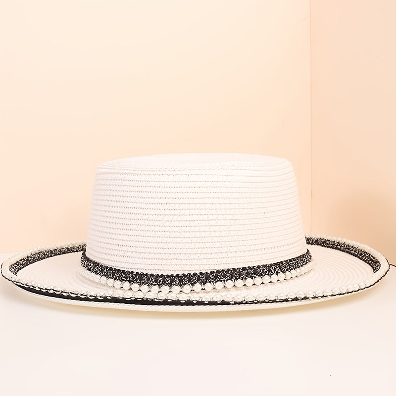 Faux Pearl Decor Sun Hat Flat Top Jazz Fedora Cap Women