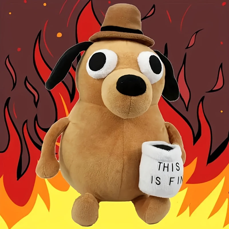 Yellow Angry Dog Plush Toy with Cup This Is Fine Meme