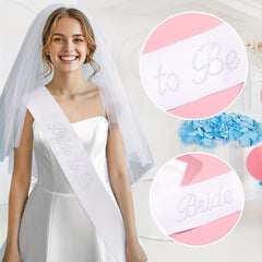 Bridal Veil Set & Bride to Be Sash Wedding Gown w/ Rhinestone Accents