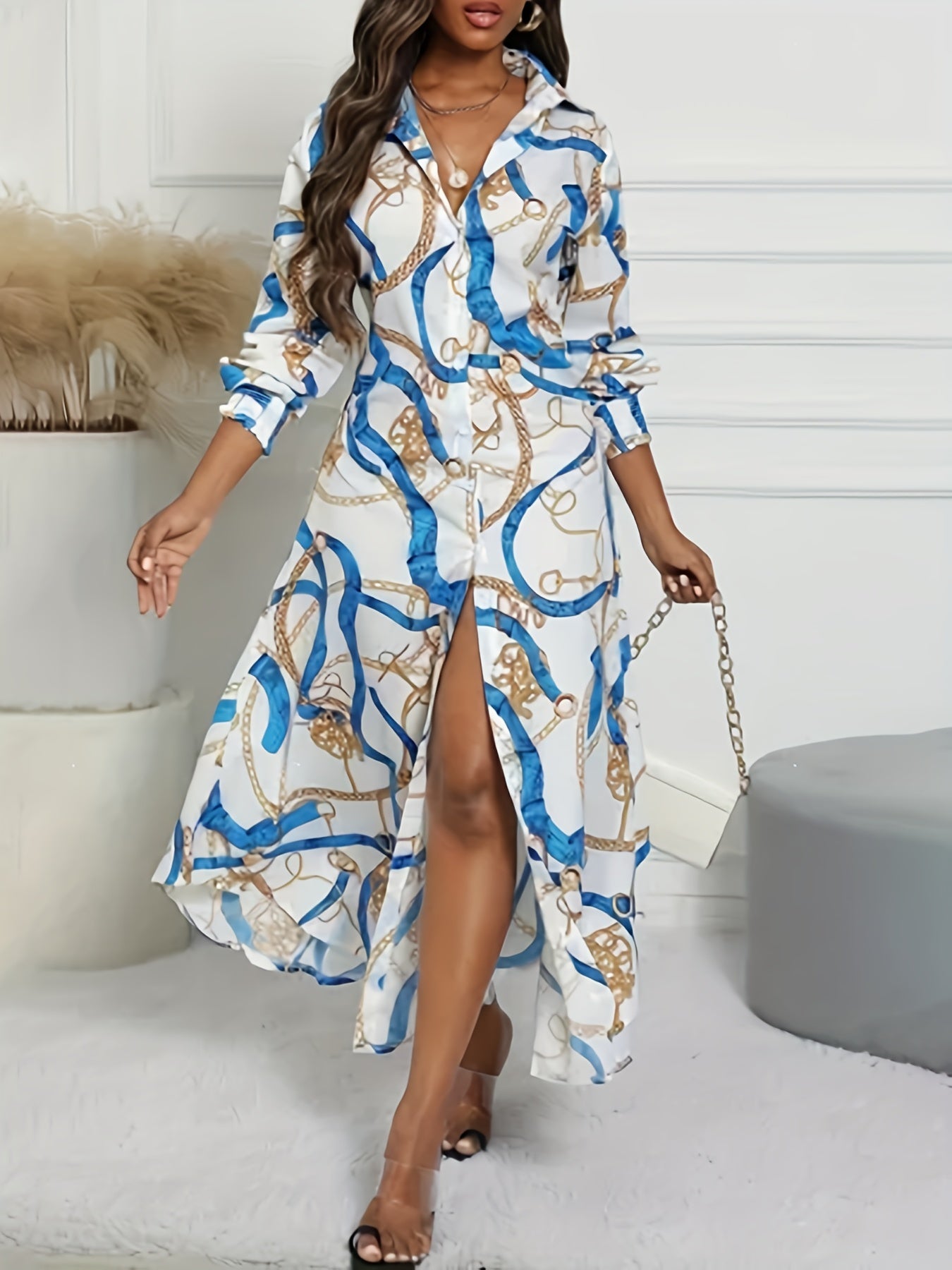  Chain Print Long Sleeve Shirt Dress