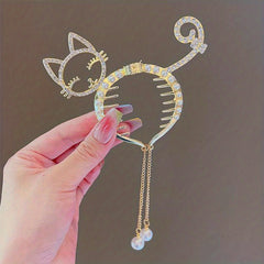 Crystal Banana Hair Clip With Faux Pearl Tassel Ponytail Bun Holder
