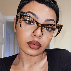 Retro Tortoiseshell Semi Rimless Clear Lens Glasses with Case