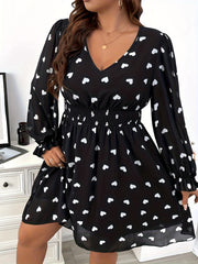  Heart Print Flounce Sleeve V Neck Mini Dress