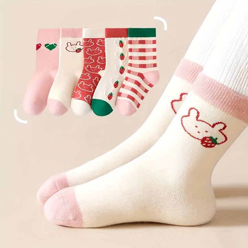 5 Pairs Girl's Cartoon Knitted Socks Soft Crew Socks