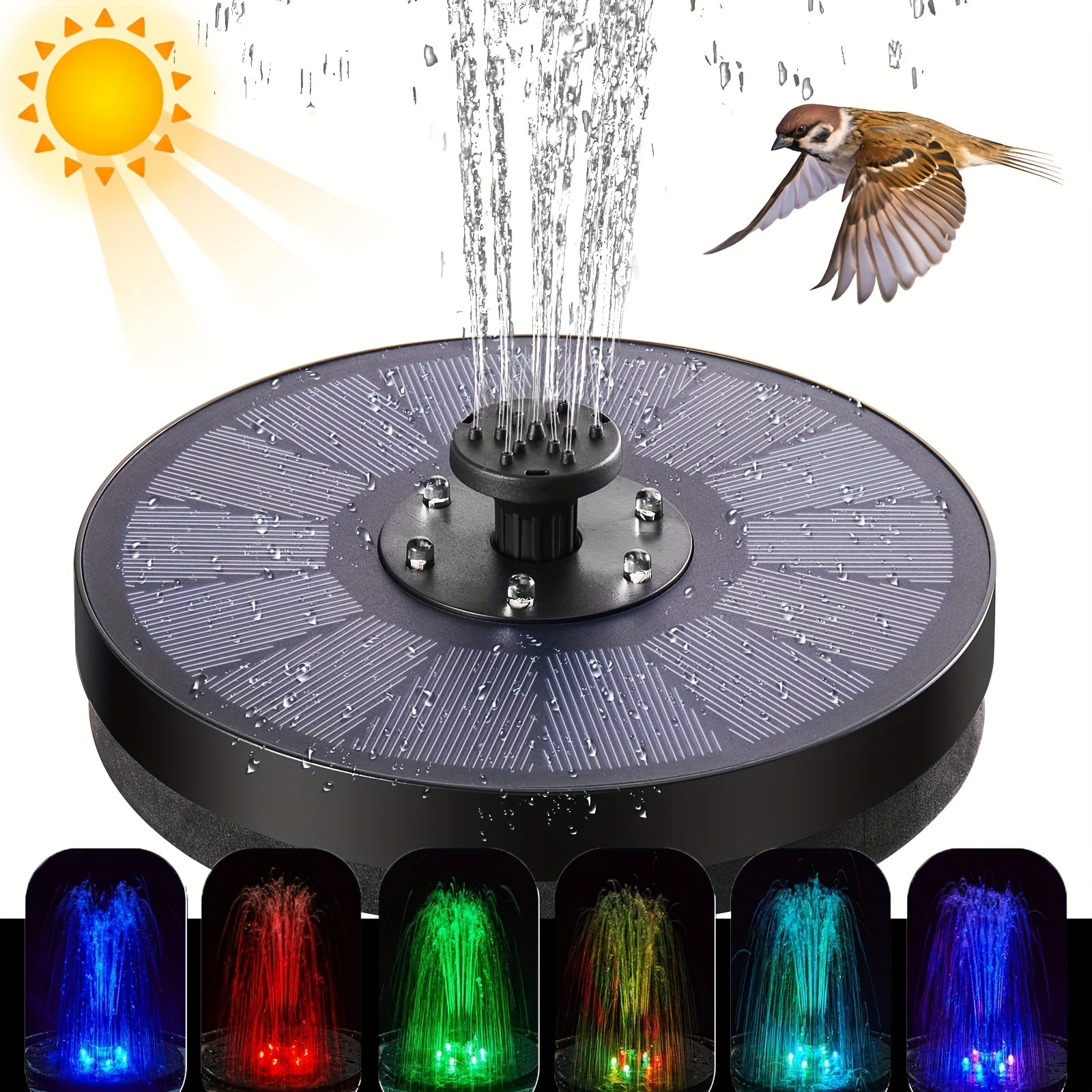 Solar Fountain Pump For Bird Bath 3W 6 Nozzles LED Light