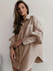  Lantern Sleeve Button Up Collar Tunic Shirt Top