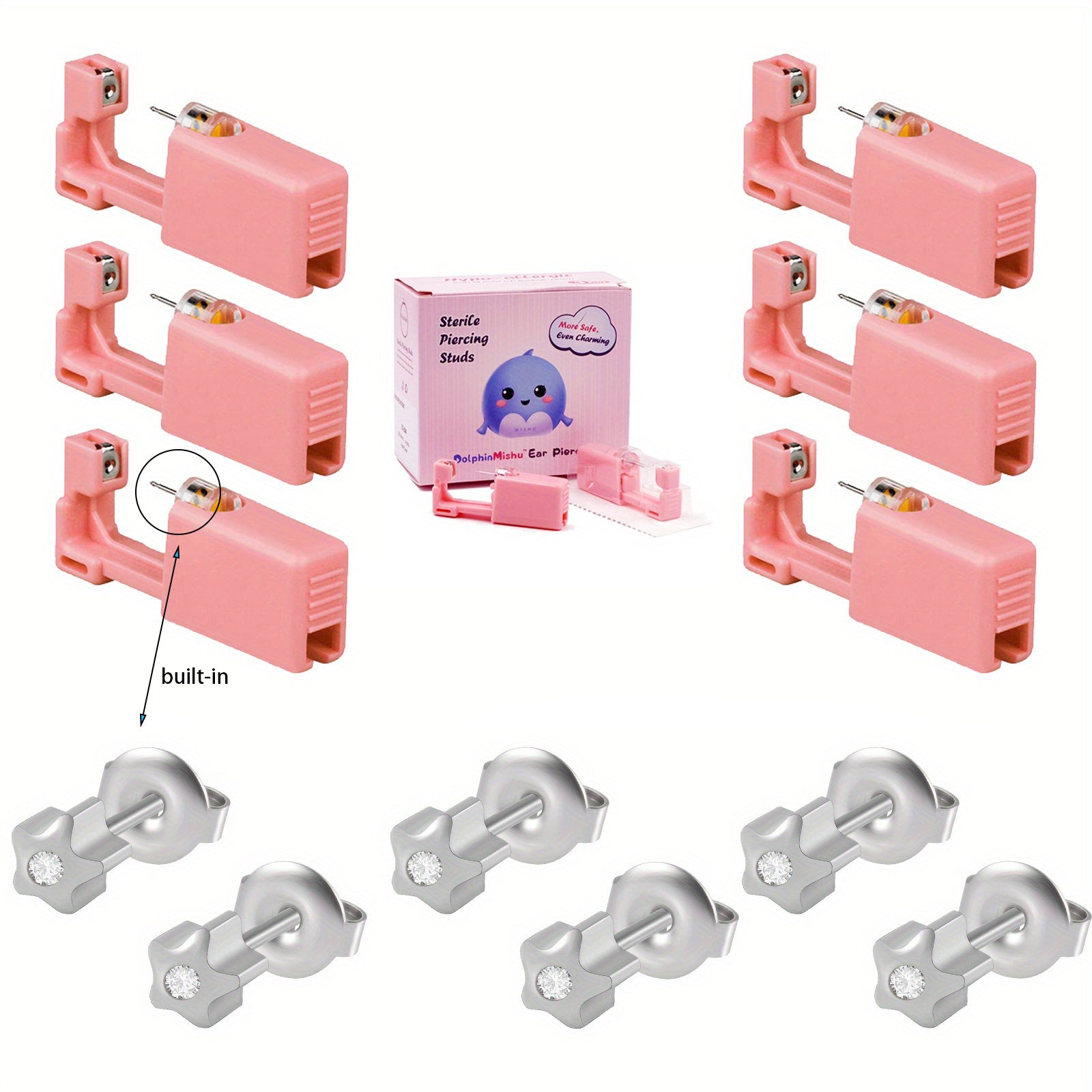 6PCS Pink Ear Piercing Kit Disposable Self Ear Piercing Gun Kit