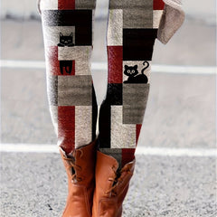  Geo & Cat Print Stretch Leggings