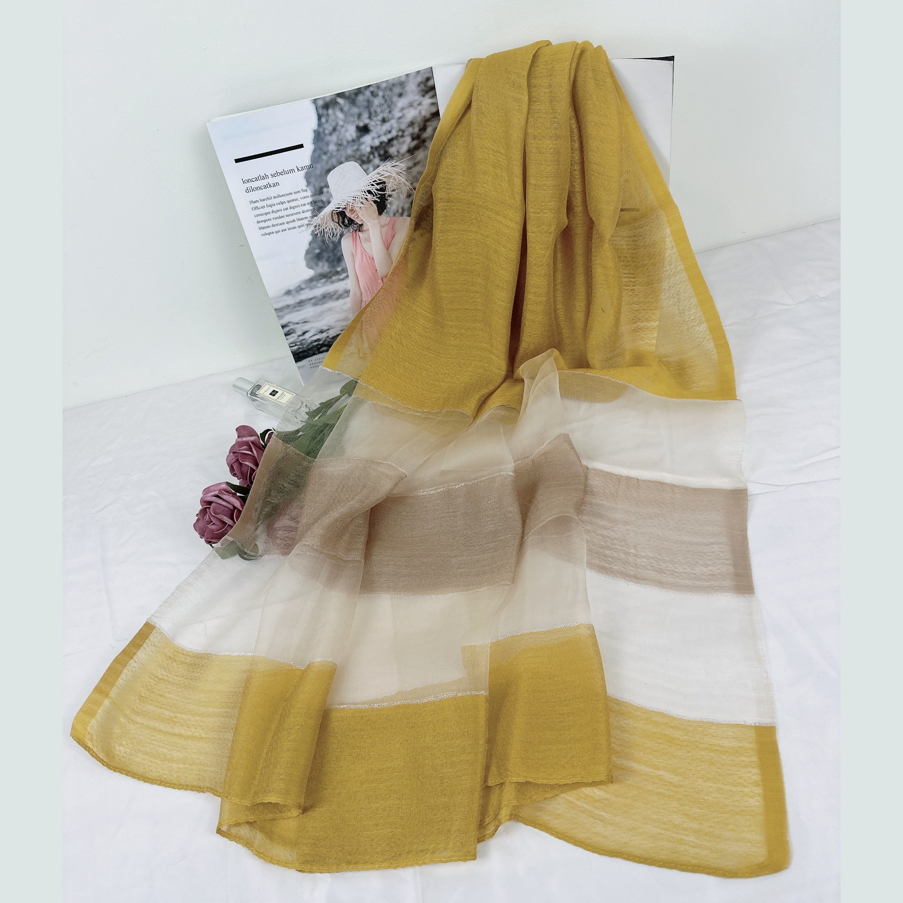 Silk Scarf Contrast Sunproof Shawl Lightweight Breathable