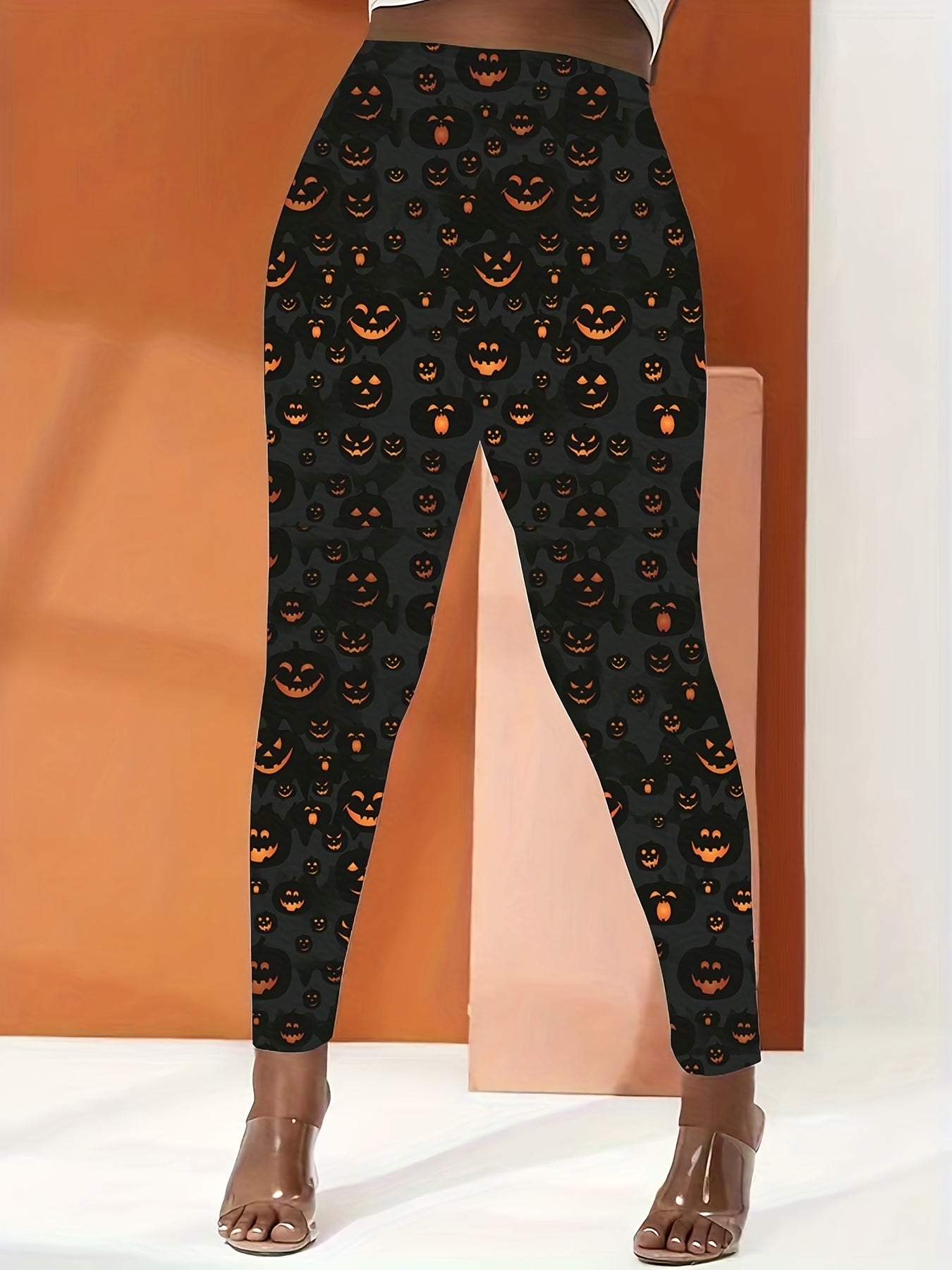  Halloween Leggings Pumpkin Print Casual Leggings