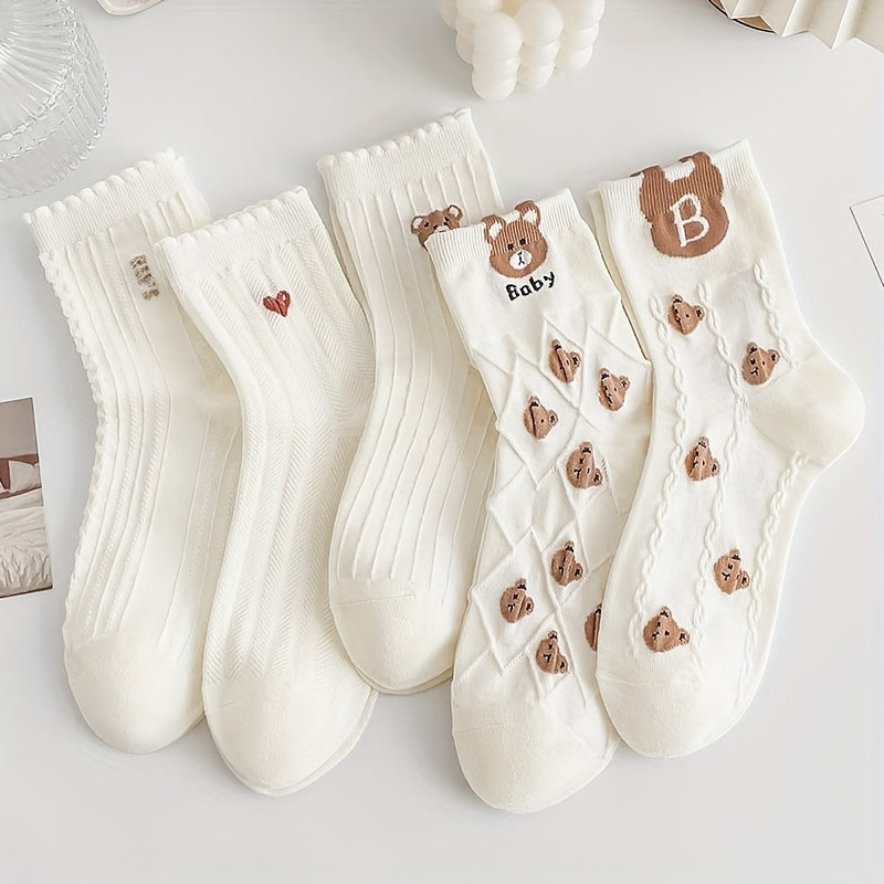 5 Pairs Cartoon Bear Print Socks & Mid Tube Stockings